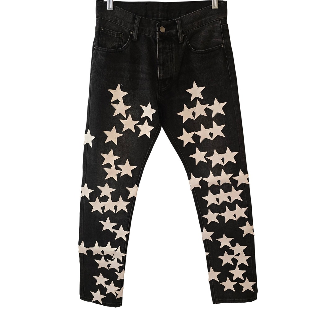 MNML Star Patch Button‎ Fly Jeans Washed Black White Stars Size 28 Streetwear
